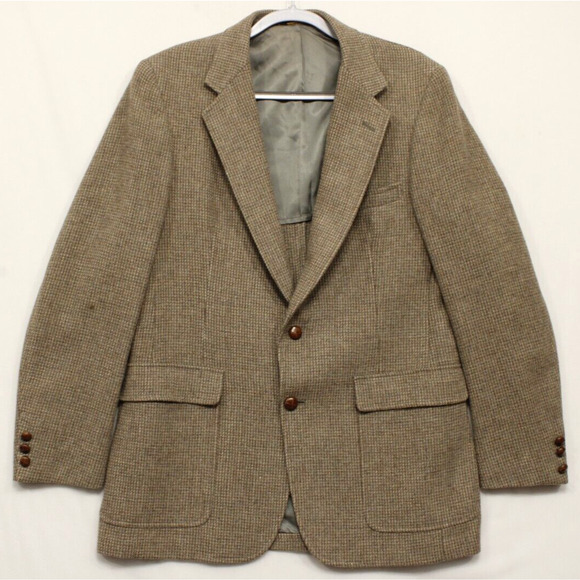 Sterling Hunt Blazer Men 42 100% Pure Virgin Wool Houndstooth Tweed Tan VTG - Picture 1 of 14